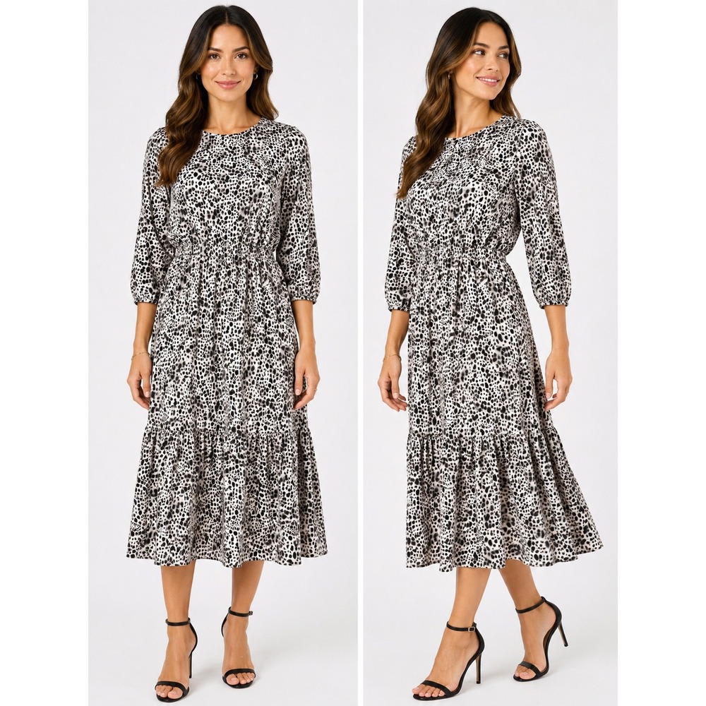 A New Day Womens Leopard Print Midi Dress Black White‎ Tiered Elastic Waist L